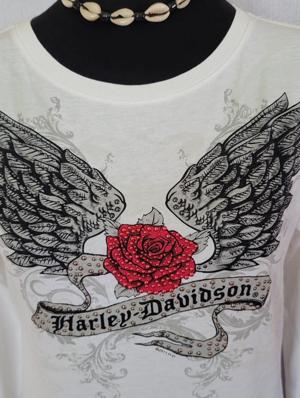 Harley-Davidson White Long Sleeve Tee with Red Rose and Black Winged Graphic - Picture 2 of 7